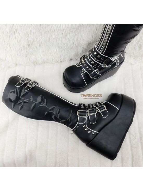 Demonia Shoes - NIB DEMONIA Concord Black Platform Rose Goth Studded Knee Boots 4" Wedge